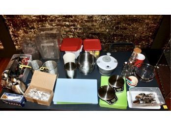 KITCHEN LOT - Cutting Boards, Scales, Measuring Cups, Silverware, Tea Pot, Salad Mixer & More!! - Item#227