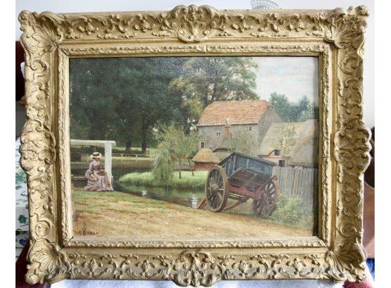 OSWALD CANVAS ANTIQUE OIL PAINTING 'A REST BY THE MILL' - SIGNED!! Item#37 BSMT