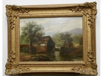 ANTIQUE CHARLES GREVILLE MORRIS AKA C. MORRIS OIL PAINTING ON CANVAS - FARM IN TOWN - SIGNED!! Item#35 BSMT