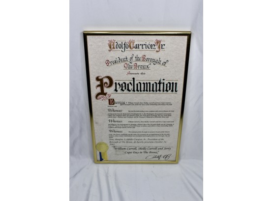 PROCLAMATION FROM THE PRESIDENT OF THE BRONX Jerry Capa Day - Gold Framed - PROCLAMATION!! - Item#207LV