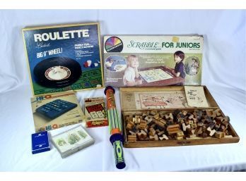 VINTAGE GAMES LOT - Roulette, Scrabble For Juniors, Fulton Sign & Price Markers & MORE!! Item#167 RM2