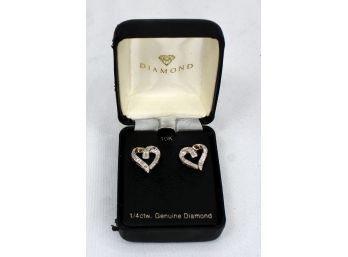 HEART SHAPED DIAMOND EARRINGS - 1/4 Cwt Genuine Diamond 10K Gold - NEW IN ORIGINAL BOX!! Item#253 BOX