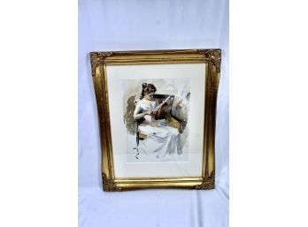 VINTAGE GIRL READING IN CHAIR - WATER COLOR PAINTING - Gold Frame - Unkown Artist!! - Item#200 LV