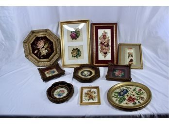 MIXED LOT OF EMBROIDERED & FLATTENED DRIED FLOWERS FRAMED ART - LOT OF 10!! Item#174 RM1