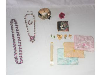 COSTUME JEWELRY - BRASS BRACELET - ROSE & FACE PINS - EMERALD/CRYSTAL EARRINGS - JEWELRY POUCHES - ITEM#125 LR