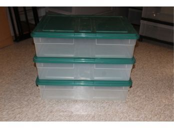LOT OF (3) BINS WITH GREEN TOPS - PLASTIC STORAGE - ITEM#90 RM1