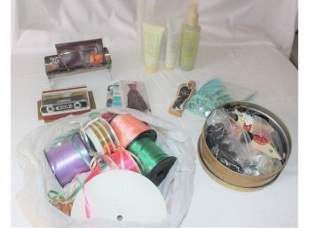 ASSORTED LOT - RIBBONS - BINOCULARS - PHONE CASES - BUTTON TIN - MARY KAY HAND SOFTENERS - ITEM#139 LR