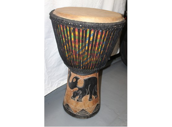 HAND MADE DJEMBE DRUM WITH BLACK ROPE TUNING - MADE IN AFRICA - DECORACTIVE HAND CARVINGS - ITEM#9