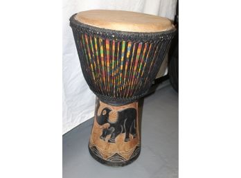 HAND MADE DJEMBE DRUM WITH BLACK ROPE TUNING - MADE IN AFRICA - DECORACTIVE HAND CARVINGS - ITEM#9