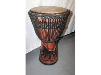 HAND MADE DJEMBE DRUM WITH BLACK ROPE TUNING - MADE IN AFRICA - DECORACTIVE HAND CARVINGS - ITEM#12