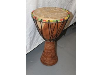 HAND MADE DJEMBE DRUM WITH BLACK ROPE TUNING - MADE IN AFRICA - DECORACTIVE HAND CARVINGS - ITEM#4