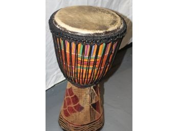 HAND MADE DJEMBE DRUM WITH BLACK ROPE TUNING - MADE IN AFRICA - DECORACTIVE HAND CARVINGS - ITEM#6
