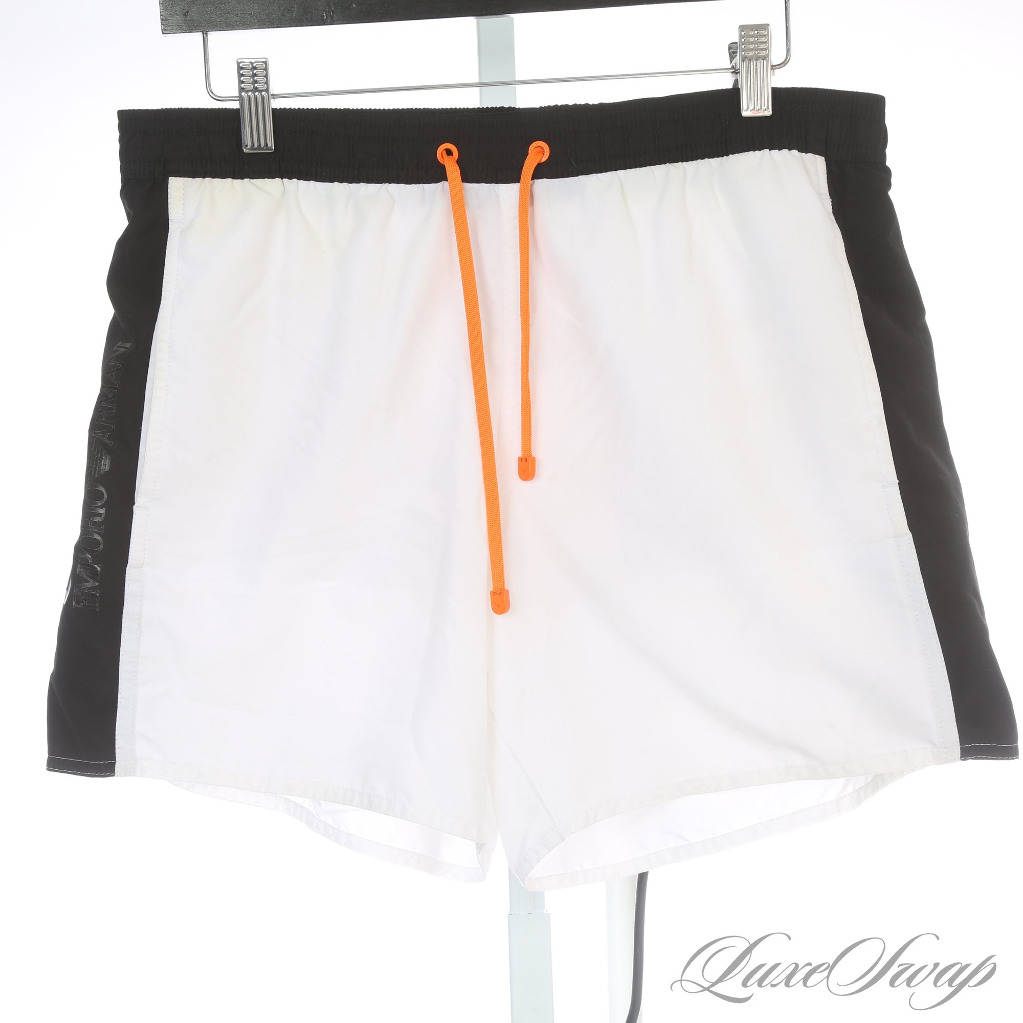 POOLSIDE EURO CHIC! MENS EMPORIO ARMANI WHITE / BLACK / ORANGE COLORBLOCK  BATHING SUIT FITS ABOUT ML #42943 | Auctionninja.com