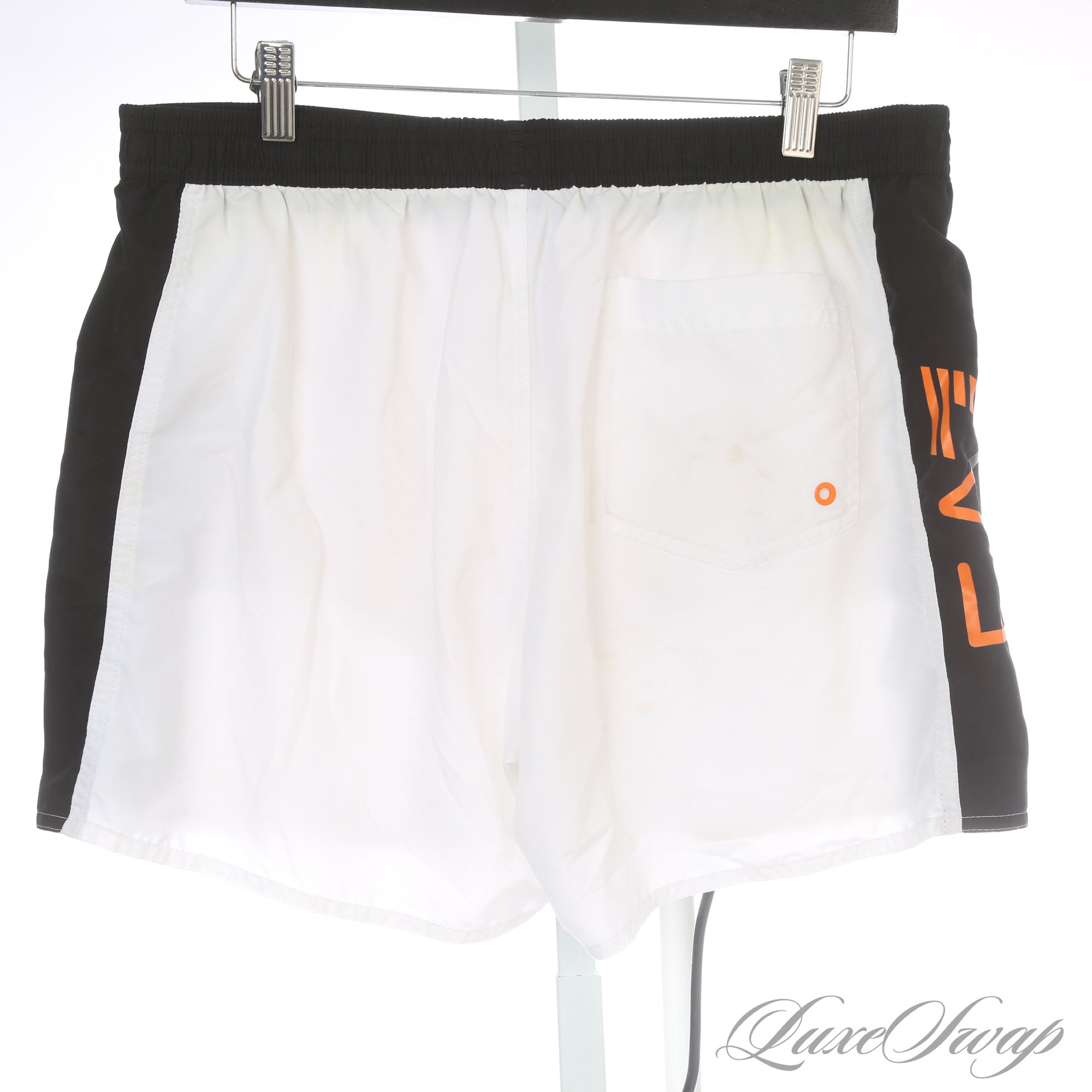 POOLSIDE EURO CHIC! MENS EMPORIO ARMANI WHITE / BLACK / ORANGE COLORBLOCK  BATHING SUIT FITS ABOUT ML #42943 | Auctionninja.com