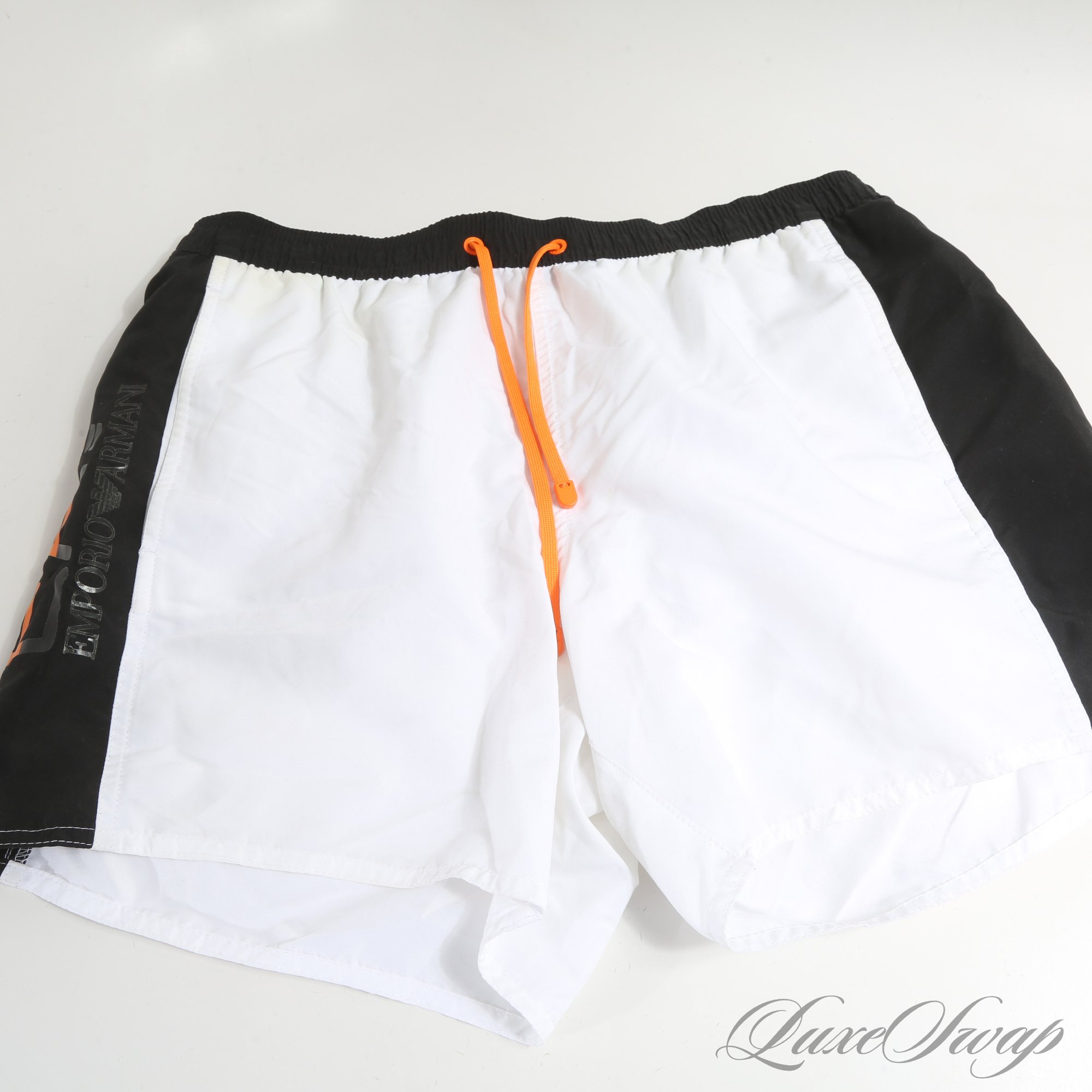 POOLSIDE EURO CHIC! MENS EMPORIO ARMANI WHITE / BLACK / ORANGE COLORBLOCK  BATHING SUIT FITS ABOUT ML #42943 | Auctionninja.com