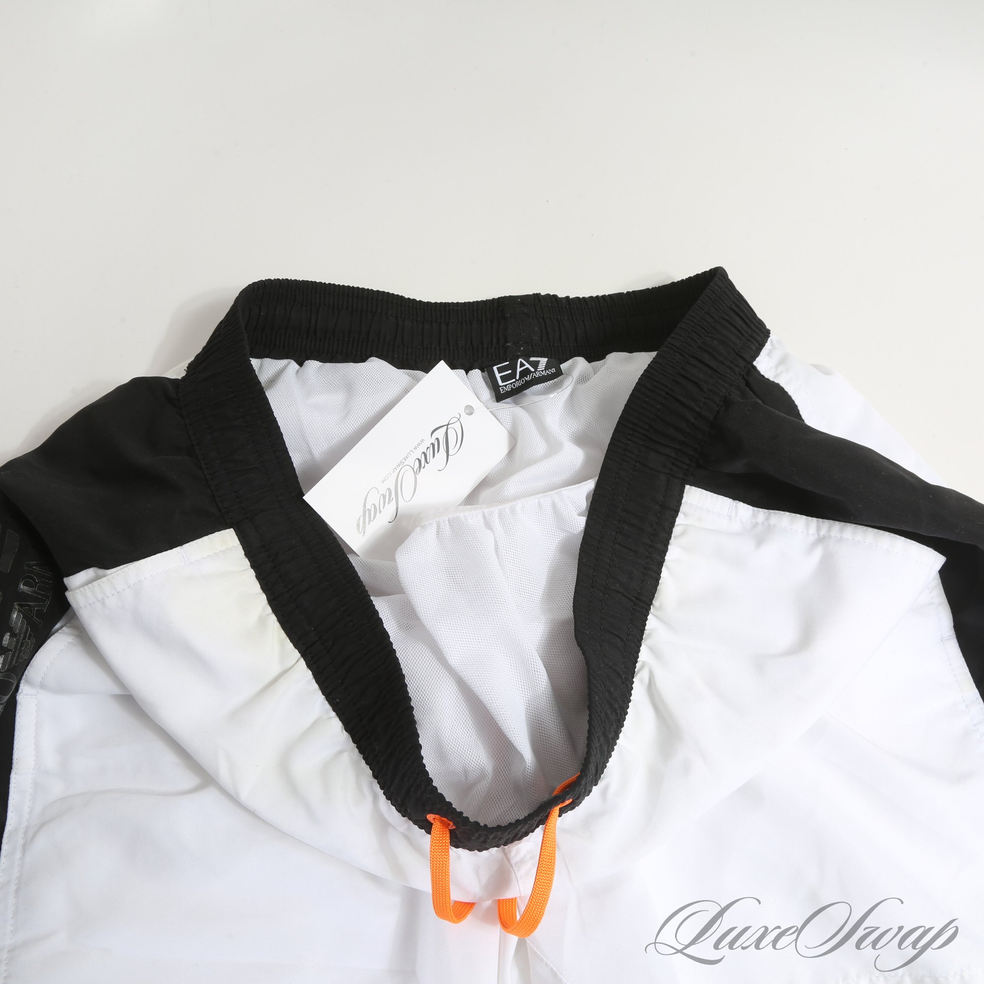 POOLSIDE EURO CHIC! MENS EMPORIO ARMANI WHITE / BLACK / ORANGE COLORBLOCK  BATHING SUIT FITS ABOUT ML #42943 | Auctionninja.com