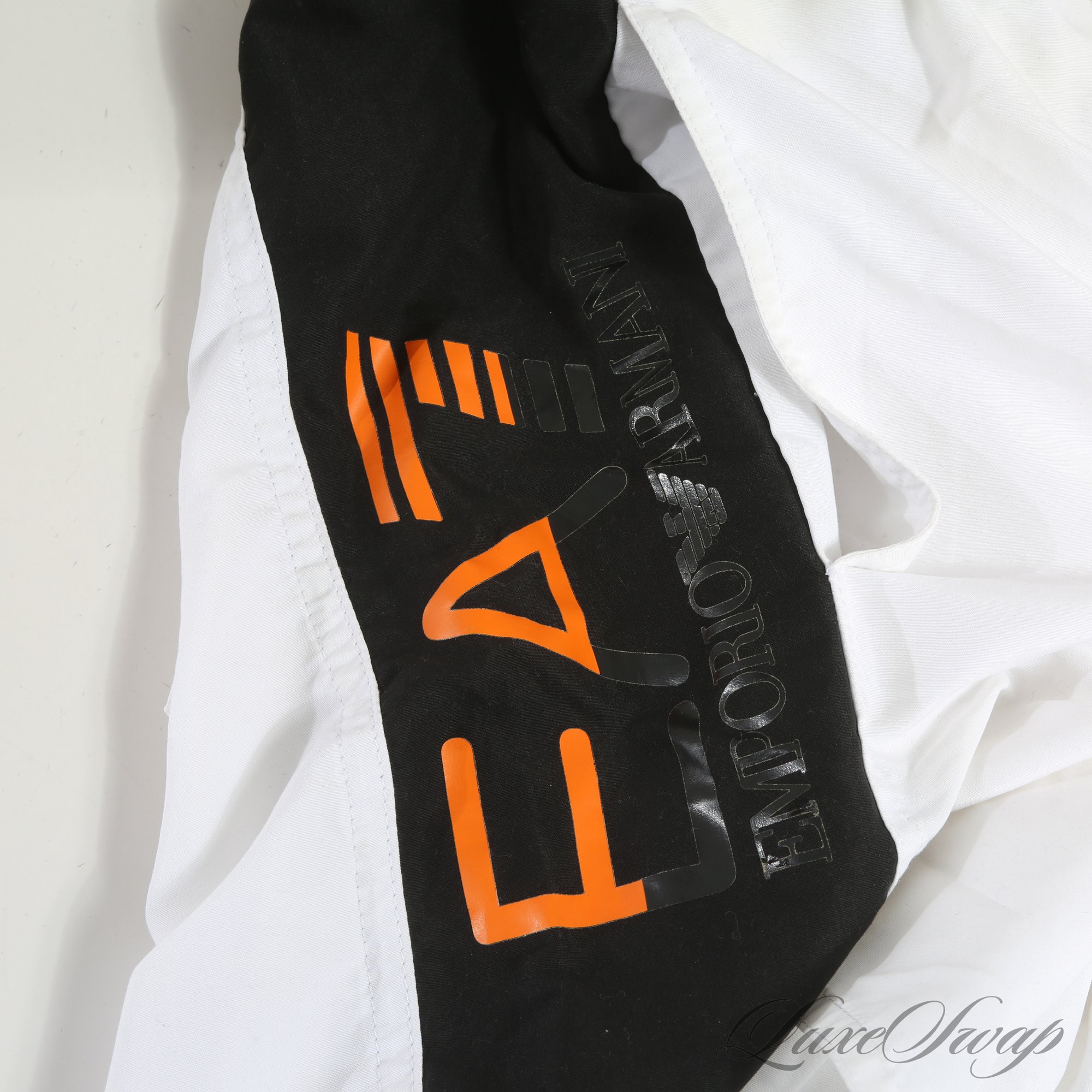 POOLSIDE EURO CHIC! MENS EMPORIO ARMANI WHITE / BLACK / ORANGE COLORBLOCK  BATHING SUIT FITS ABOUT ML #42943 | Auctionninja.com