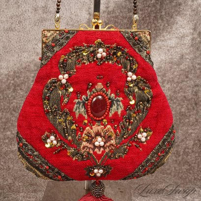NEAR MINT PROBABLY UNWORN MARY FRANCES RED VELVET VICTORIAN TAPESTRY EMBROIDERED BAG W/COA