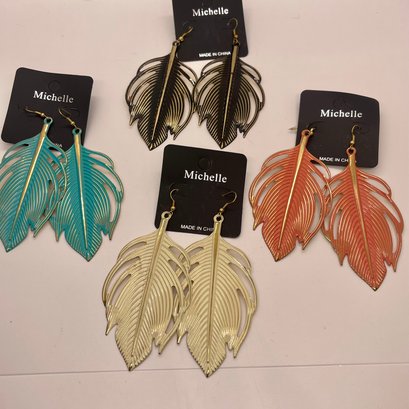 LOT X 4 NEW WITH TAGS MICHELLE GOLD FEATHER EARRINGS TEAL,BLACK,ECRU,RED