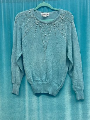 VINTAGE HER EXCELLENCE TEAL BLUE WITH PEARLS CREWNECK LONG SLEEVE SWEATER SIZE M