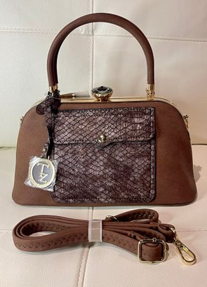 NEW WITH TAGS BROWN HANDBAG  WITH SNAKESKIN EMBOSSED FRONT POCKET DETAIL WITH DETACHABLE STRAP