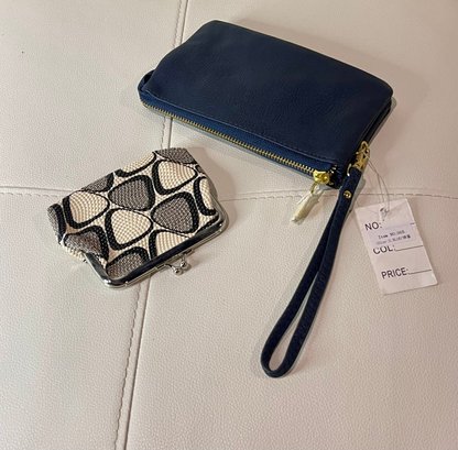 NEW WITH TAGS LOT X 2 BLUE WALLET AND A MODE SMALL CHANGE SILVER FRAMED CHANGE PURSE