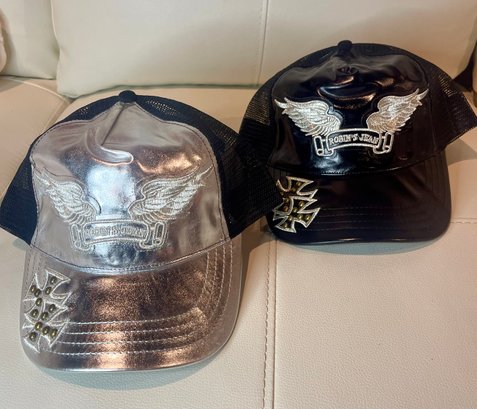 LOT X 2 NEW WITHOUT TAGSY2K SILVER BLACK SHINE CROSS AND WINGS CAP HAT