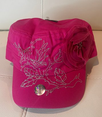 NEW WITH TAGS Y2K HOT PINK WITH SILVER LUREX FLOWER STITCH CAP HAT