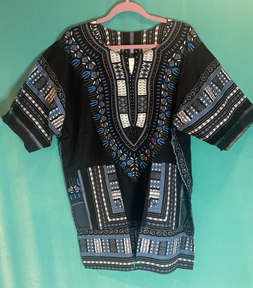 NEW WITH TAGS MIDNIGHT BLUE BLACK WHITE  COTTON CLASSIC DASHIKI ONE SIZE