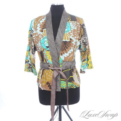EXCEPTIONAL TRINA TURK SILK AND LINEN BUTTERFLY WING SCARF PRINT BELTED KIMONO JACKET 6