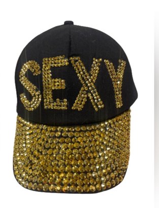 NEW WITHOUT TAGS SOLID BLACK COTTON  JEWELED CAP HAT WITH 'SEXY' GOLD STUDDED RHINESTONE