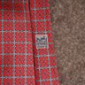 #4 AUTHENTIC HERMES PARIS MADE IN FRANCE CHERRY RED FOULARD SILK TIE WITH BLUE GEOMETRIC MOTIF