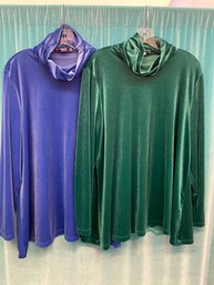 Lot X 2 Coldwater Creek Velvet Long Sleeve Teal And Royal  Blue Blouses Shirts Size XL
