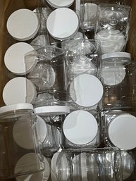 MASSIVE BOX LOT OF 35 BRAND NEW PLASTIC MADE IN USA LARGE SIZE SCREW TOP JARS