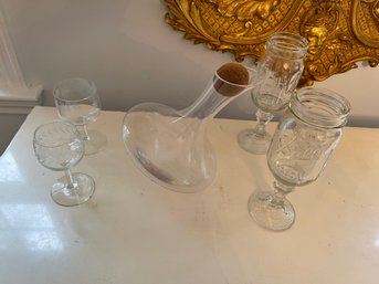 HOME ENTERTAINING VINTAGE CHIC!! LOT OF WINE DECANTER, FLUTED MASON BALL JARS, & CUT CRYSTAL GLASSES