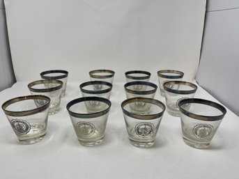 LOT OF 12 PRE 1958 VINTAGE VASSAR COLLEGE SILVER PLATE TRIM LOW BALL DRINKING GLASSES