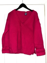 VINTAGE Y2K 2000S INSANITY WOMENS GAP BRIGHT MAGENTA KNIT GOLD-ACCENTED CHUNKY V-NECK SWEATER