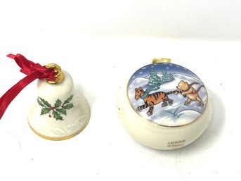 LOT OF 2 LENOX / DISNEY GOLD ACCENTED IVORY LOT MISTLETOE ORNAMENT BELL & WINNIE THE POO CHRISTMAS ORNAMENT