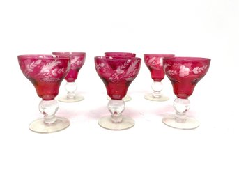 PRE 1958 MCM VINTAGE RUBY RED FLORAL ETCHED FABERGE-ESQUE LOT OF 6 DEMITASSE COLORED GLASS GLASSES