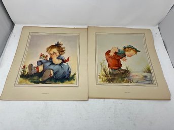 LOT OF 2 VINTAGE 1940S LARGE FORMAT ANNE E. ALLABEN ILLUSTRATIONS BY EDWARD GROSS CO 'PEEK A BOO' AND 'WHO ME'