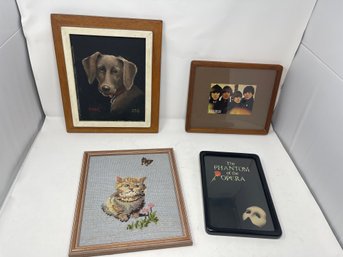 FANTASTIC VINTAGE LOT OF 4 CROTCHED CAT, PAINTED & SIGNED DOG, BEATLES PRINT & PHANTOM OF THE OPERA PICTURES