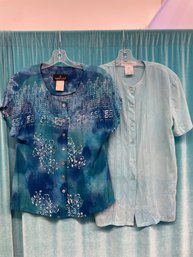 Lot X 2 Vintage Jones New York And Carole Little Blue  Blouses Shirts Size 6
