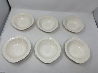 AMAZING LOT OF 6 VINTAGE 1950S POPE GOSSER ROSE POINT BY STEUBENVILLE MADE IN USA EMBOSSED IVORY BOWLS