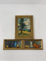 VERY VINTAGE LOT OF 3 HAND PAINTED & FRAMED IN SPAIN SMALL PAINTINGS DEPICTING FOREST & FRUIT SIGNED JRH
