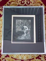 VINTAGE AND EXCEPTIONAL BLACK AND WHITE ILLEGIBLY SIGNED & FRAMED PHOTO PRINT DEPICTING NUDE WOMAN IN FOREST