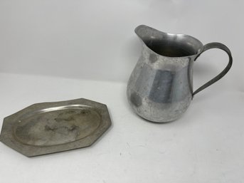 LOT OF TWO 1950s ERA SIGNED PEWTER BUTTER DISH & LARGE PITCHER