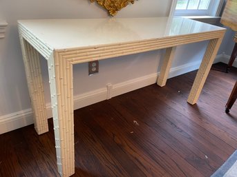 VINTAGE OPIUM DEN CHIC ECRU OFF WHITE PAINTED BAMBOO ACCENTED LARGE CONSOLE TABLE