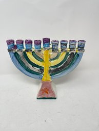 COLORFUL HAND MADE, PAINTED & ARTIST SIGNED SMALL PORCELAIN MENORAH