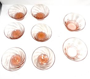 LOT OF 8 PRE 1958 VINTAGE MCM ART DECO HAND MADE PINK COLORED GLASS SET OF 6 SMALL & 2 LARGE ICE CREAM DISHES