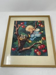VINTAGE 1947 FRAMED ART DEPICTING BOY IN FRUIT TREE WITH BABY BIRDS, SIGNED STEFFIE